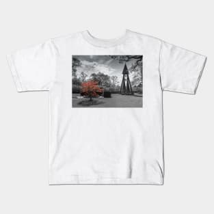 Red tree in black and white landscape Kids T-Shirt